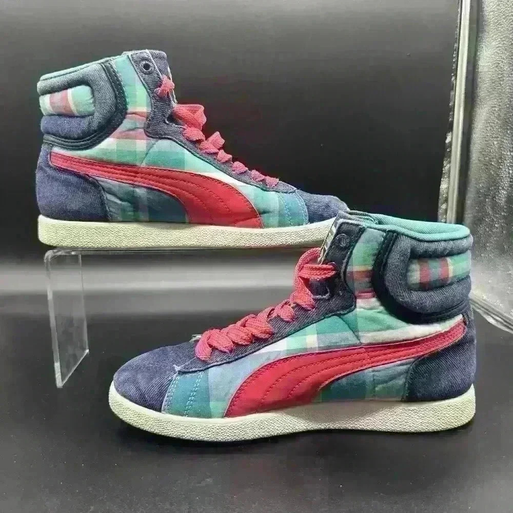 Puma First Round EX Mid Denim Plaid Coral Woman's Size 7 Casual Sneaker